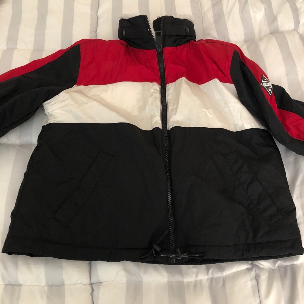 Hollister red, white, & black puffer coat